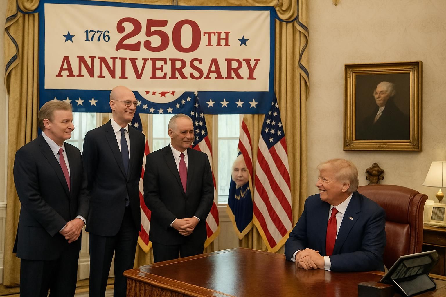 top nfl, nba, nhl, and mlb leaders join donald trump at the oval office to discuss plans celebrating the nation's 250th anniversary. discover the exciting collaboration honoring this historic milestone.